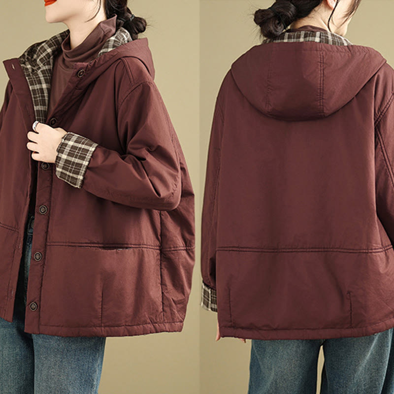 Sweat à capuche à carreaux Buddha Stones pour femme, manches longues, en coton épais avec poches - image 8