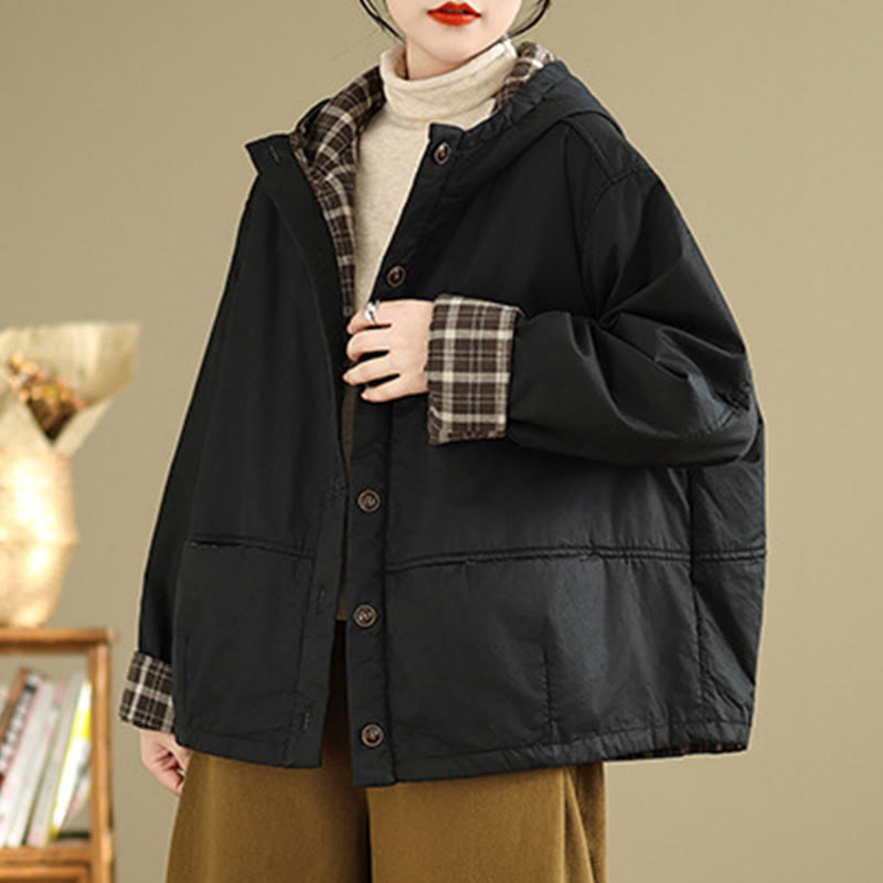 Sweat à capuche à carreaux Buddha Stones pour femme, manches longues, en coton épais avec poches - image 14