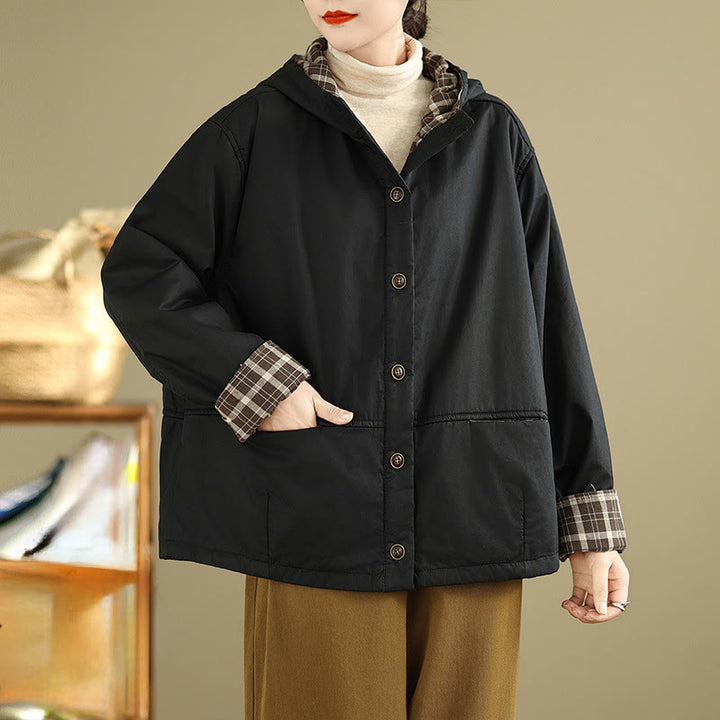 Sweat à capuche à carreaux Buddha Stones pour femme, manches longues, en coton épais avec poches - Noir - US12，UK/AU16，EU44 (XL) - image 13