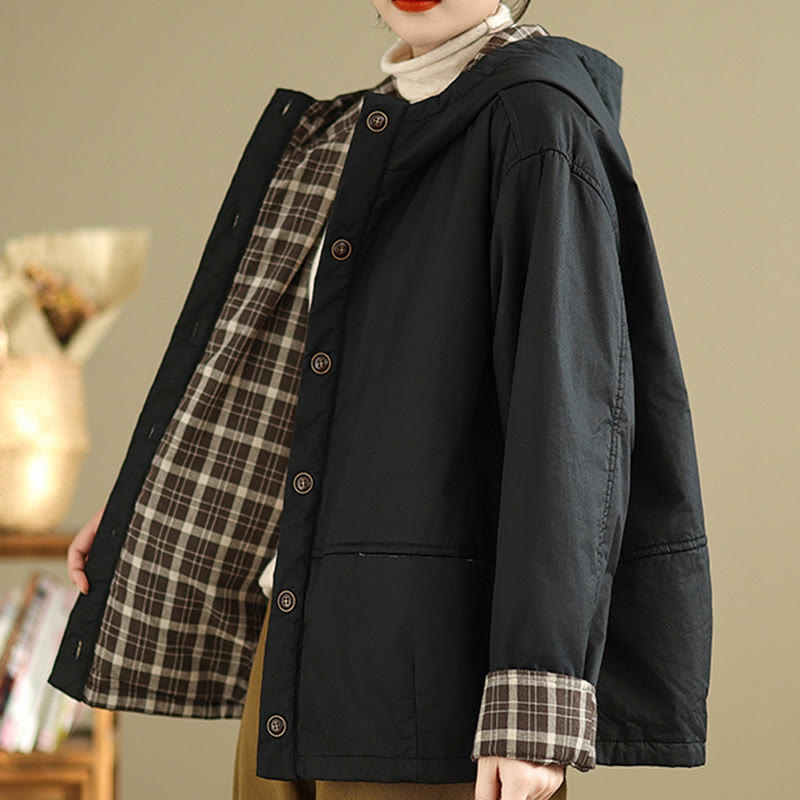 Sweat à capuche à carreaux Buddha Stones pour femme, manches longues, en coton épais avec poches - image 17