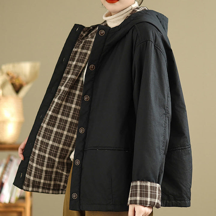 Sweat à capuche à carreaux Buddha Stones pour femme, manches longues, en coton épais avec poches - image 17