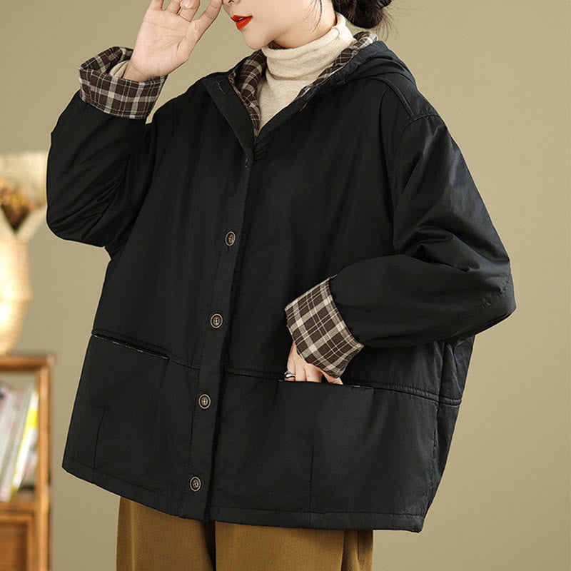 Sweat à capuche à carreaux Buddha Stones pour femme, manches longues, en coton épais avec poches - image 16