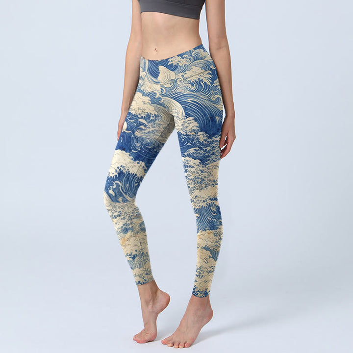 Leggings de sport pour femmes, imprimé motif vagues et Buddha Stones - Bleu royal - US18，UK/AU22，EU50 (4XL) - image 0
