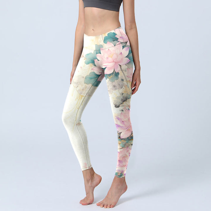 Leggings de sport pour femmes avec imprimé de Buddha Stones de lotus et feuilles, pantalon de yoga - GhostWhite - US18，UK/AU22，EU50 (4XL) - image 0