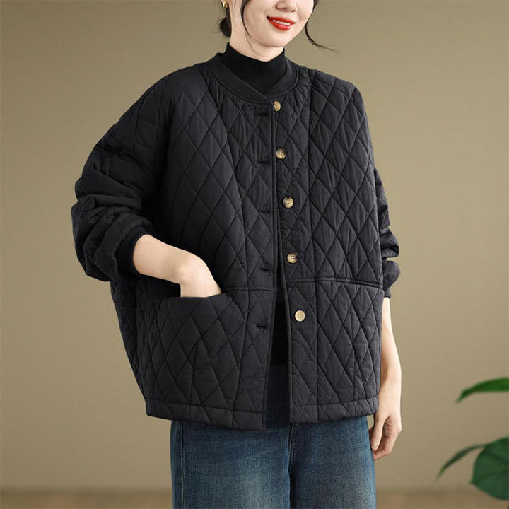 Veste en coton épais à manches longues pour femme, motif quadrillé en losanges et Buddha Stones , avec poches - image 1