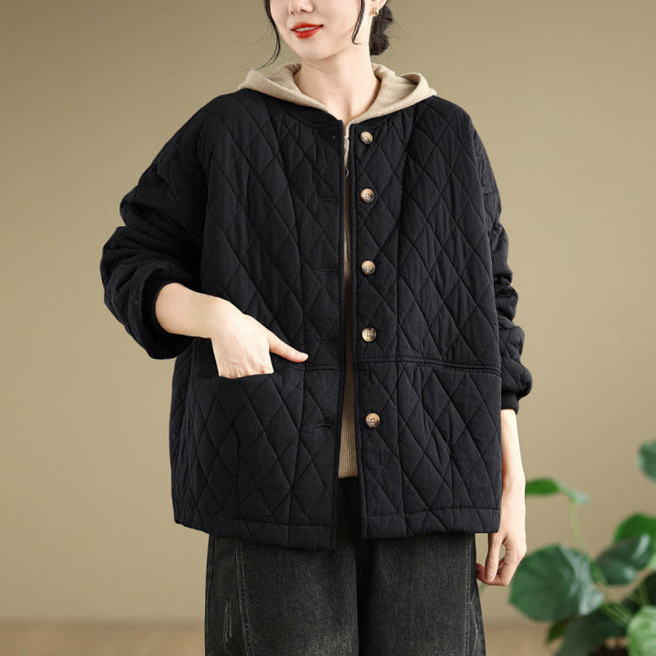 Veste en coton épais à manches longues pour femme, motif quadrillé en losanges et Buddha Stones , avec poches - Noir - US12，UK/AU16，EU44 (3XL) - image 0