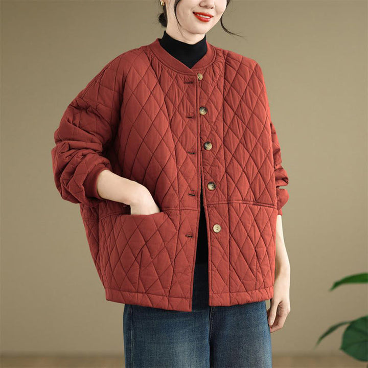 Veste en coton épais à manches longues pour femme, motif quadrillé en losanges et Buddha Stones , avec poches - image 14