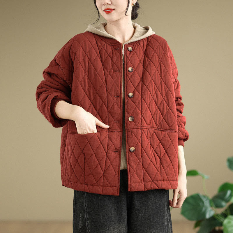 Veste en coton épais à manches longues pour femme, motif quadrillé en losanges et Buddha Stones , avec poches - Rouge foncé - US12，UK/AU16，EU44 (3XL) - image 11