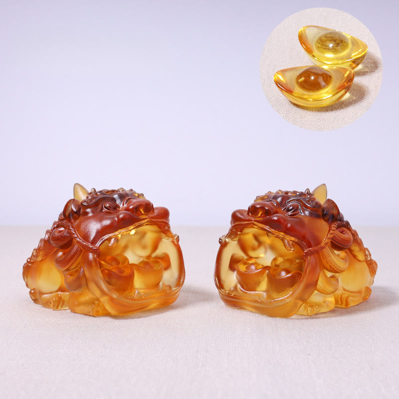 Buddha Stones faites à la main en cristal Liuli doré PiXiu, pièce d'art pour la décoration intérieure - Une paire de Pixiu jaunes (avec deux lingots de 4 cm) - image 11