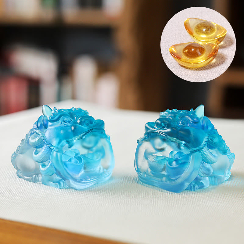 Buddha Stones faites à la main en cristal Liuli doré PiXiu, pièce d'art pour la décoration intérieure - Une paire de Pixiu bleus (avec deux lingots de 4 cm) - image 12