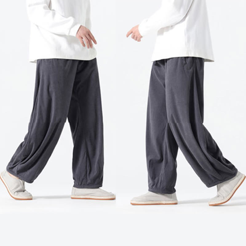 Pantalon harem pour homme en coton velours côtelé, coloris pur, motif Buddha Stones Spring, avec cordon de serrage et poches - image 6