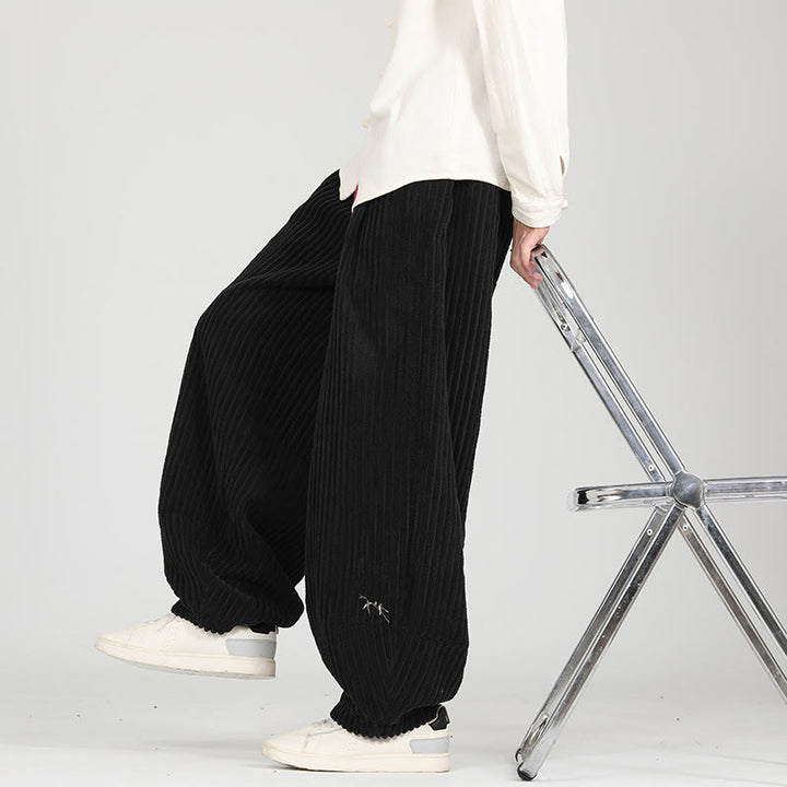 Pantalon harem en velours côtelé de coton pour homme, avec poches, motif Buddha Stones et cordon de serrage contrasté - Noir - US/UK/AU46，EU56 (5XL) - image 1