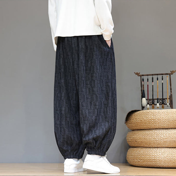 Pantalon harem pour homme en velours côtelé de coton à motif jacquard à carreaux Buddha Stones Fall avec poches - image 3