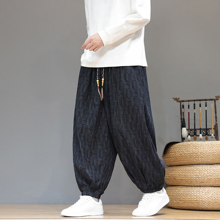 Pantalon harem pour homme en velours côtelé de coton à motif jacquard à carreaux Buddha Stones Fall avec poches - Noir - US/UK/AU46，EU56 (5XL) - image 1
