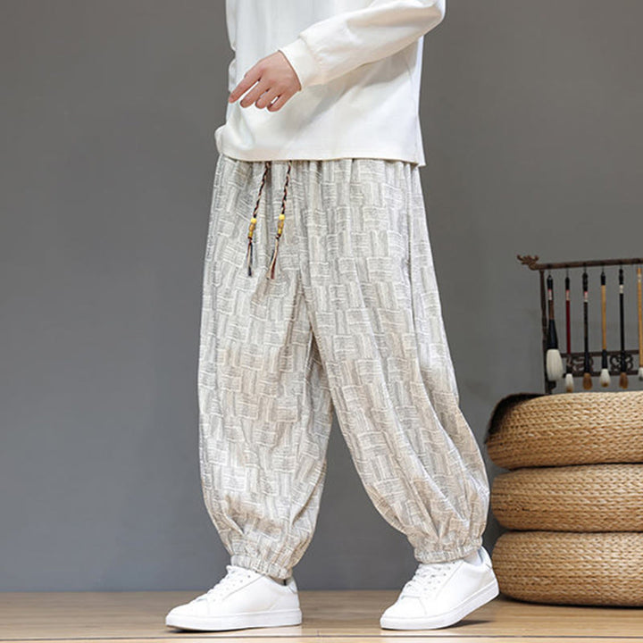 Pantalon harem pour homme en velours côtelé de coton à motif jacquard à carreaux Buddha Stones Fall avec poches - image 14
