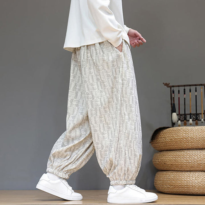 Pantalon harem pour homme en velours côtelé de coton à motif jacquard à carreaux Buddha Stones Fall avec poches - image 13