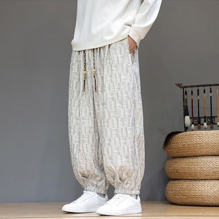Pantalon harem pour homme en velours côtelé de coton à motif jacquard à carreaux Buddha Stones Fall avec poches - image 12