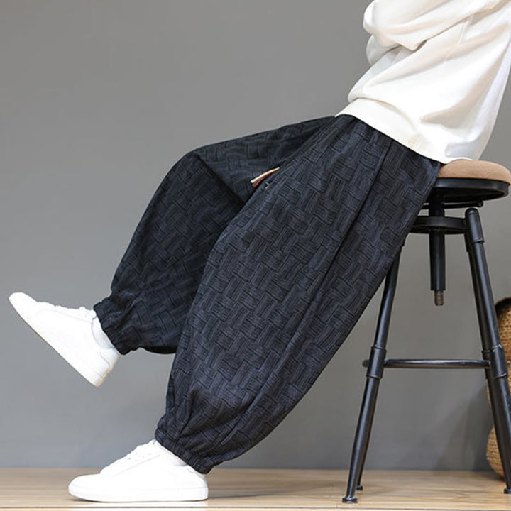 Pantalon harem pour homme en velours côtelé de coton à motif jacquard à carreaux Buddha Stones Fall avec poches - image 10