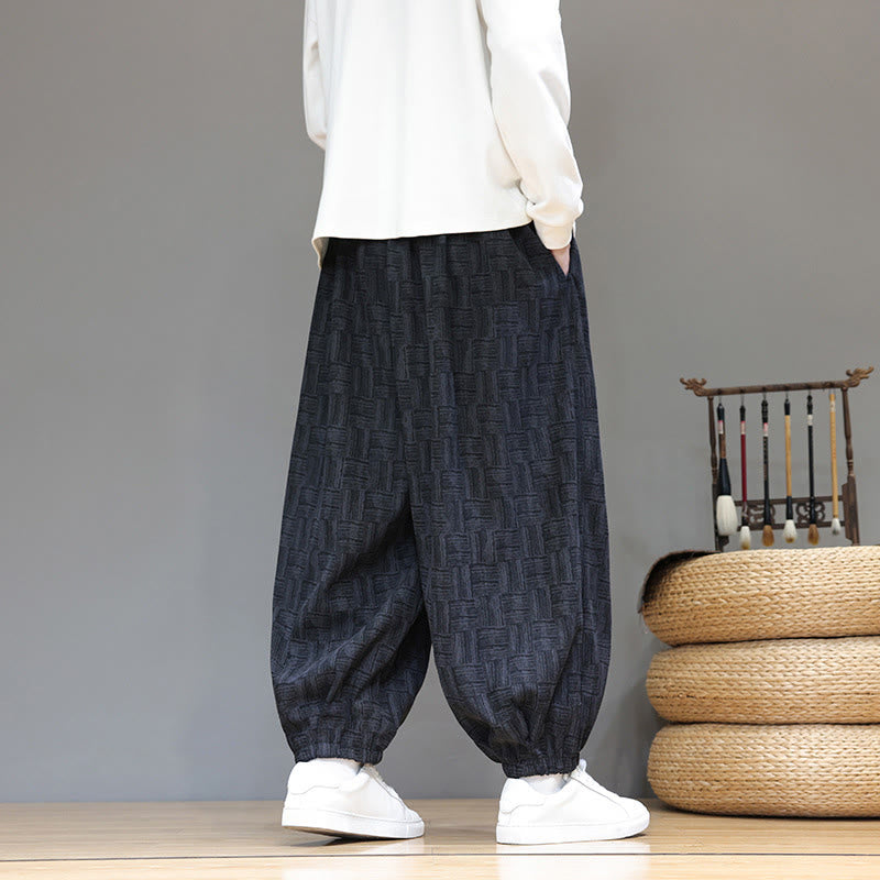 Pantalon harem pour homme en velours côtelé de coton à motif jacquard à carreaux Buddha Stones Fall avec poches - image 7