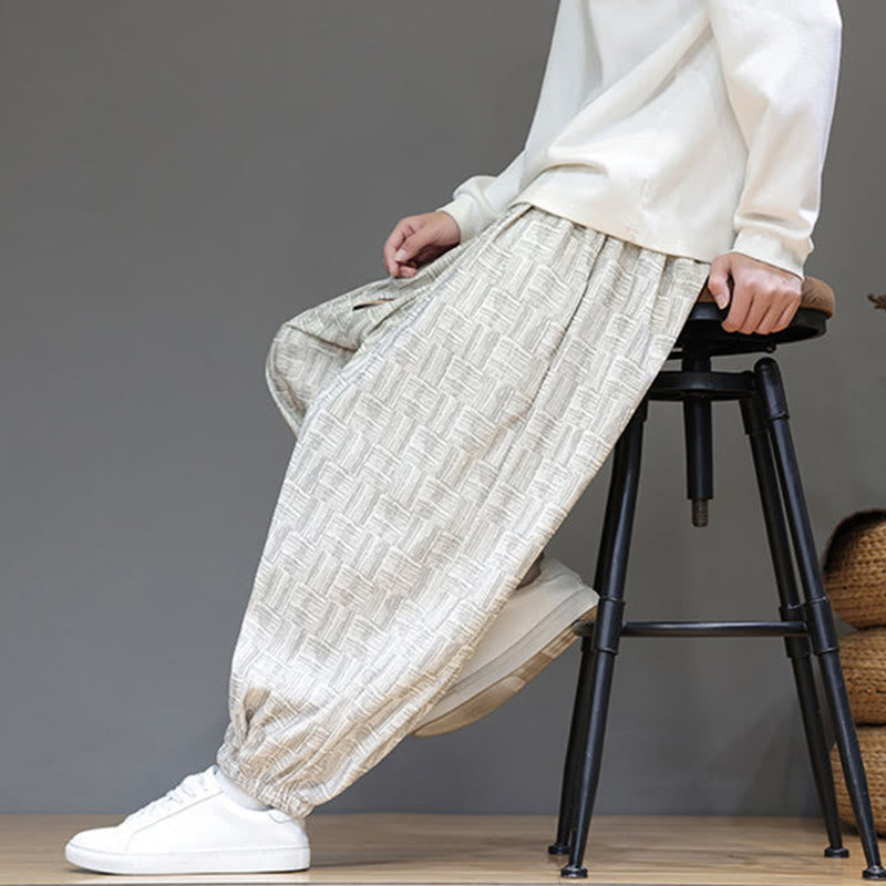 Pantalon harem pour homme en velours côtelé de coton à motif jacquard à carreaux Buddha Stones Fall avec poches - image 18