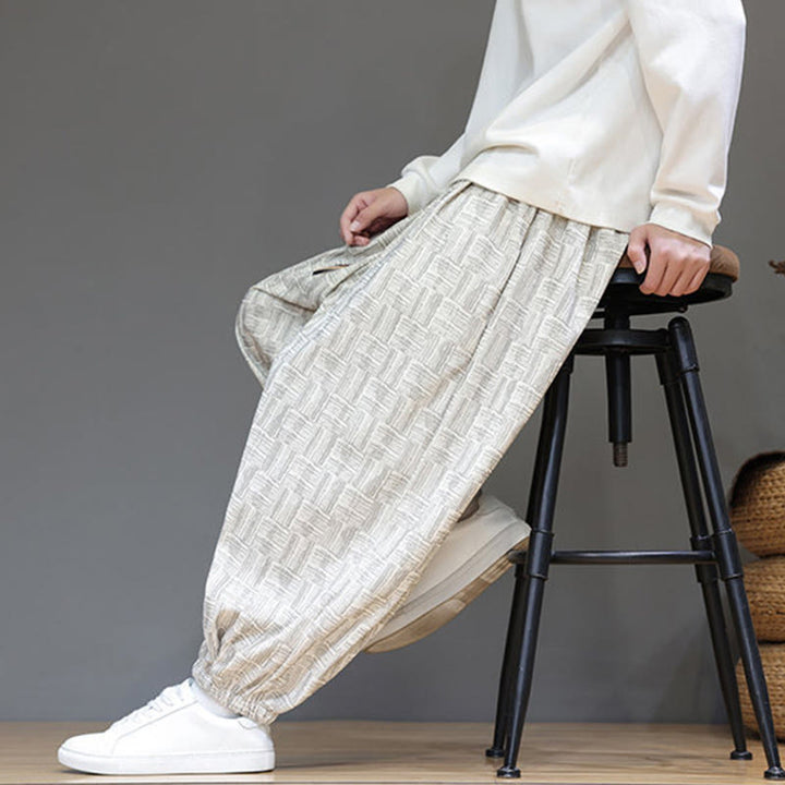 Pantalon harem pour homme en velours côtelé de coton à motif jacquard à carreaux Buddha Stones Fall avec poches - image 18