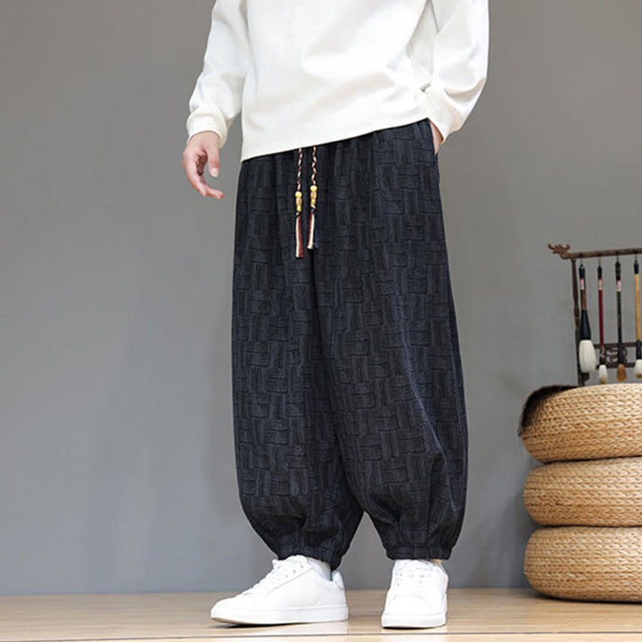 Pantalon harem pour homme en velours côtelé de coton à motif jacquard à carreaux Buddha Stones Fall avec poches - image 4