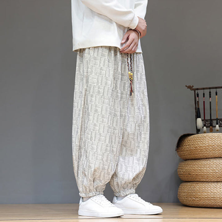 Pantalon harem pour homme en velours côtelé de coton à motif jacquard à carreaux Buddha Stones Fall avec poches - image 17