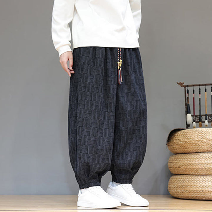 Pantalon harem pour homme en velours côtelé de coton à motif jacquard à carreaux Buddha Stones Fall avec poches - image 5