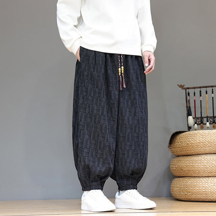 Pantalon harem pour homme en velours côtelé de coton à motif jacquard à carreaux Buddha Stones Fall avec poches - image 8