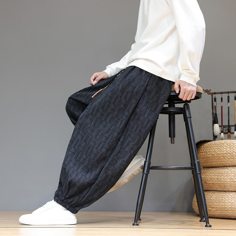 Pantalon harem pour homme en velours côtelé de coton à motif jacquard à carreaux Buddha Stones Fall avec poches - image 9