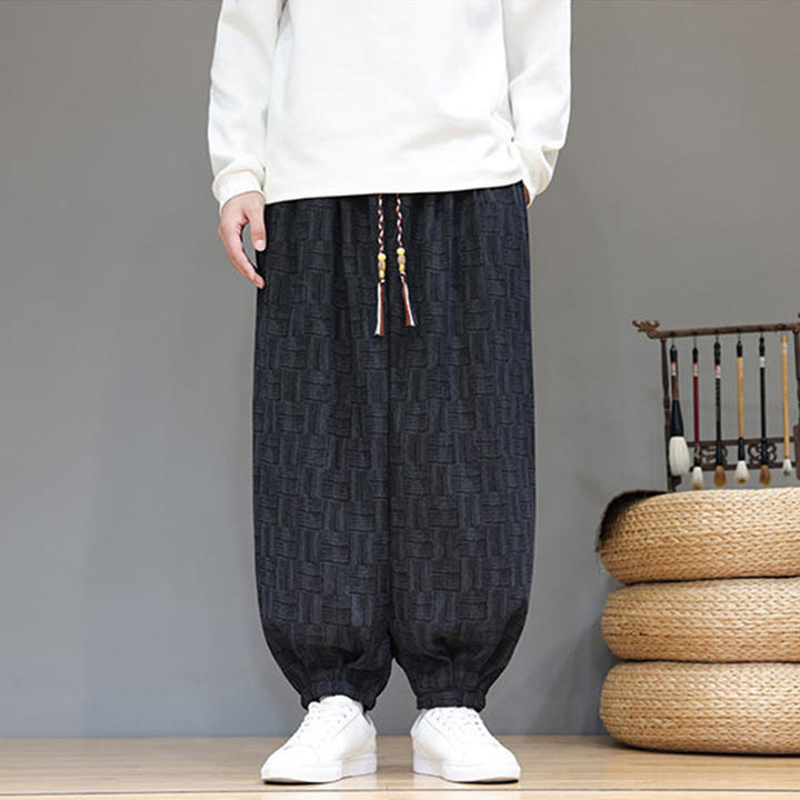 Pantalon harem pour homme en velours côtelé de coton à motif jacquard à carreaux Buddha Stones Fall avec poches - image 6