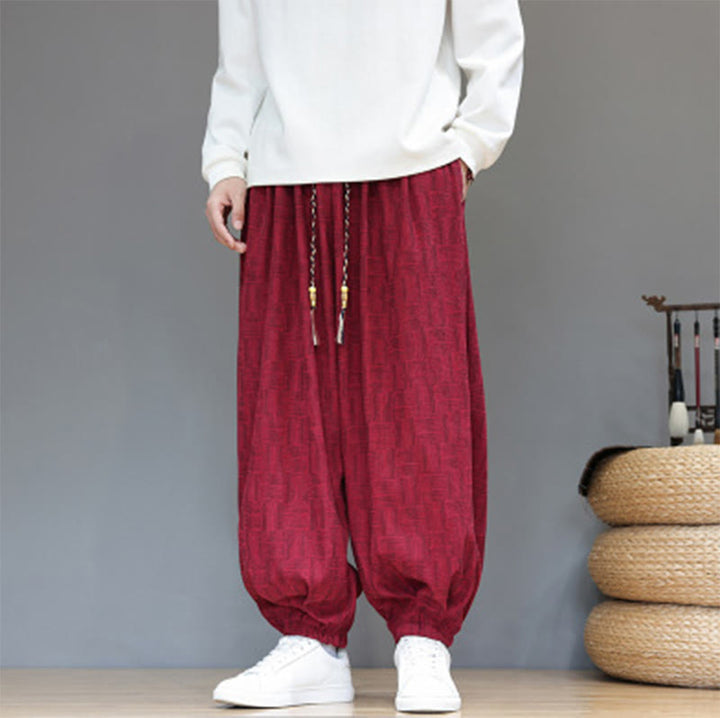 Pantalon harem pour homme en velours côtelé de coton à motif jacquard à carreaux Buddha Stones Fall avec poches - Cramoisi - US/UK/AU46，EU56 (5XL) - image 24
