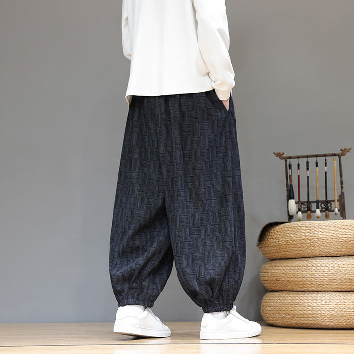 Pantalon harem pour homme en velours côtelé de coton à motif jacquard à carreaux Buddha Stones Fall avec poches - image 7