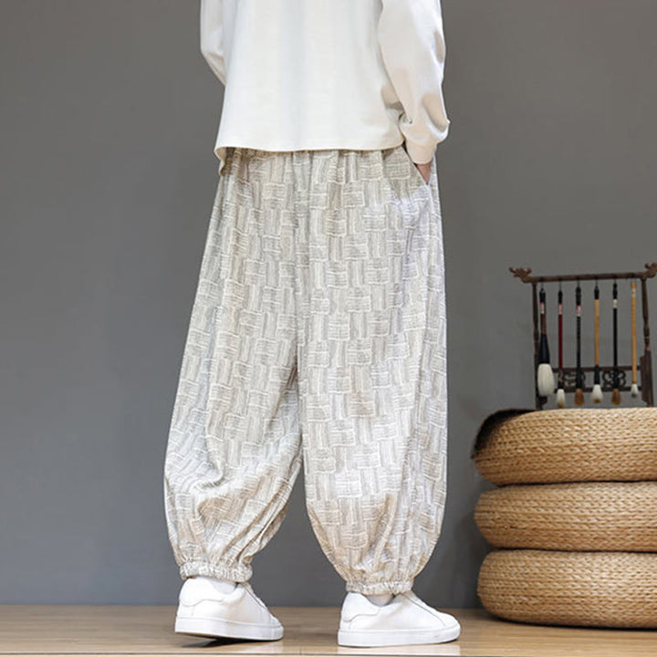 Pantalon harem pour homme en velours côtelé de coton à motif jacquard à carreaux Buddha Stones Fall avec poches - image 16
