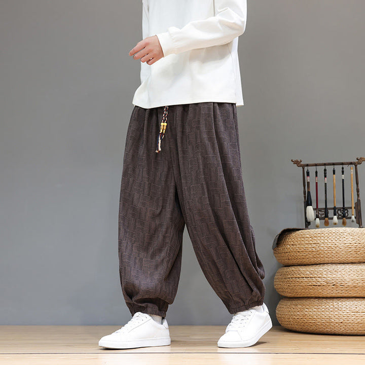 Pantalon harem pour homme en velours côtelé de coton à motif jacquard à carreaux Buddha Stones Fall avec poches - SaddleBrown - US/UK/AU46，EU56 (5XL) - image 0