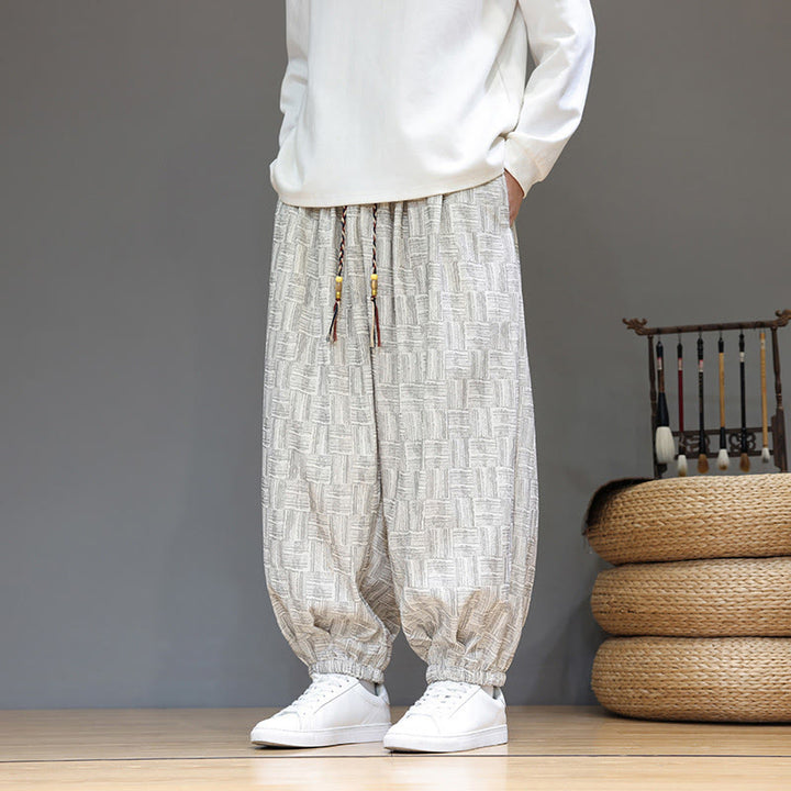 Pantalon harem pour homme en velours côtelé de coton à motif jacquard à carreaux Buddha Stones Fall avec poches - WhiteSmoke - US/UK/AU46，EU56 (5XL) - image 11