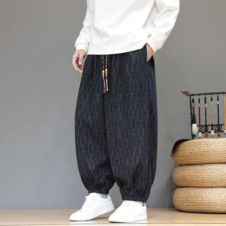 Pantalon harem pour homme en velours côtelé de coton à motif jacquard à carreaux Buddha Stones Fall avec poches - image 2