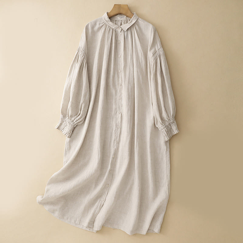 Robe midi en coton beige à manches longues et poches, ornée de boutons et d'un col à revers, avec motif de Buddha Stones - Beige - US8-10，UK/AU12-14，EU40-42 (2XL) - image 0