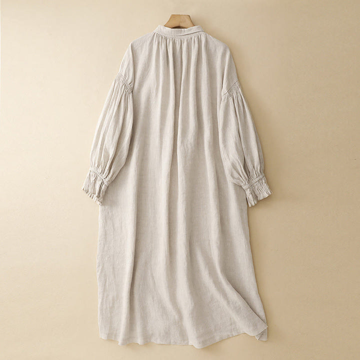 Robe midi en coton beige à manches longues et poches, ornée de boutons et d'un col à revers, avec motif de Buddha Stones - image 1