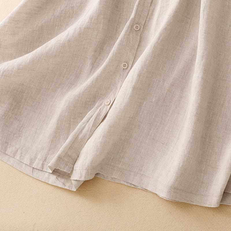 Robe midi en coton beige à manches longues et poches, ornée de boutons et d'un col à revers, avec motif de Buddha Stones - image 6