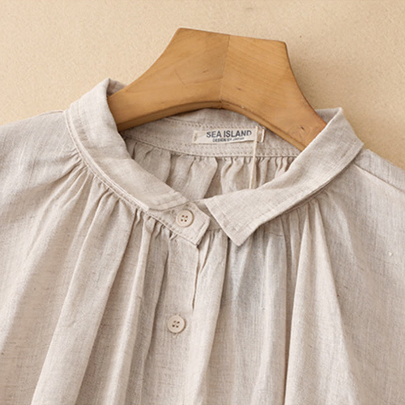 Robe midi en coton beige à manches longues et poches, ornée de boutons et d'un col à revers, avec motif de Buddha Stones - image 2