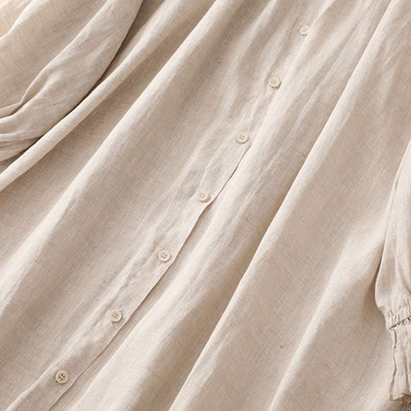 Robe midi en coton beige à manches longues et poches, ornée de boutons et d'un col à revers, avec motif de Buddha Stones - image 5