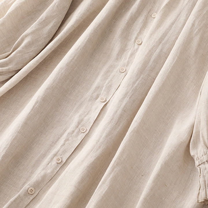 Robe midi en coton beige à manches longues et poches, ornée de boutons et d'un col à revers, avec motif de Buddha Stones - image 5