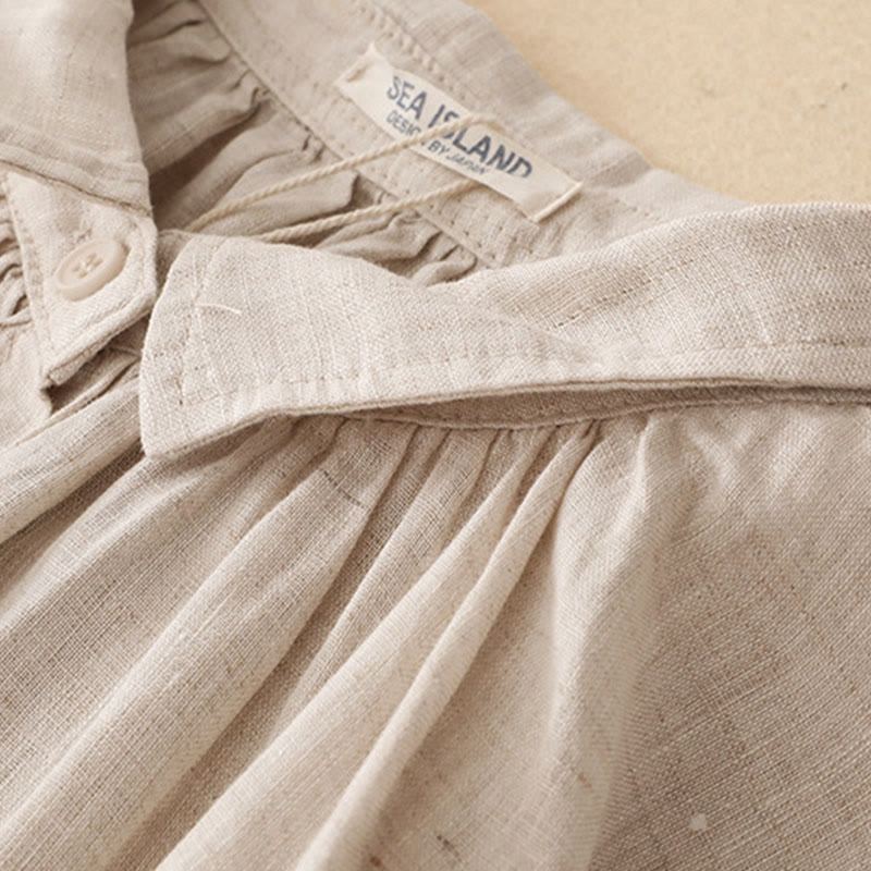 Robe midi en coton beige à manches longues et poches, ornée de boutons et d'un col à revers, avec motif de Buddha Stones - image 3