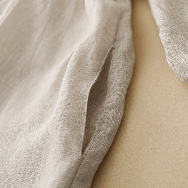 Robe midi en coton beige à manches longues et poches, ornée de boutons et d'un col à revers, avec motif de Buddha Stones - image 4