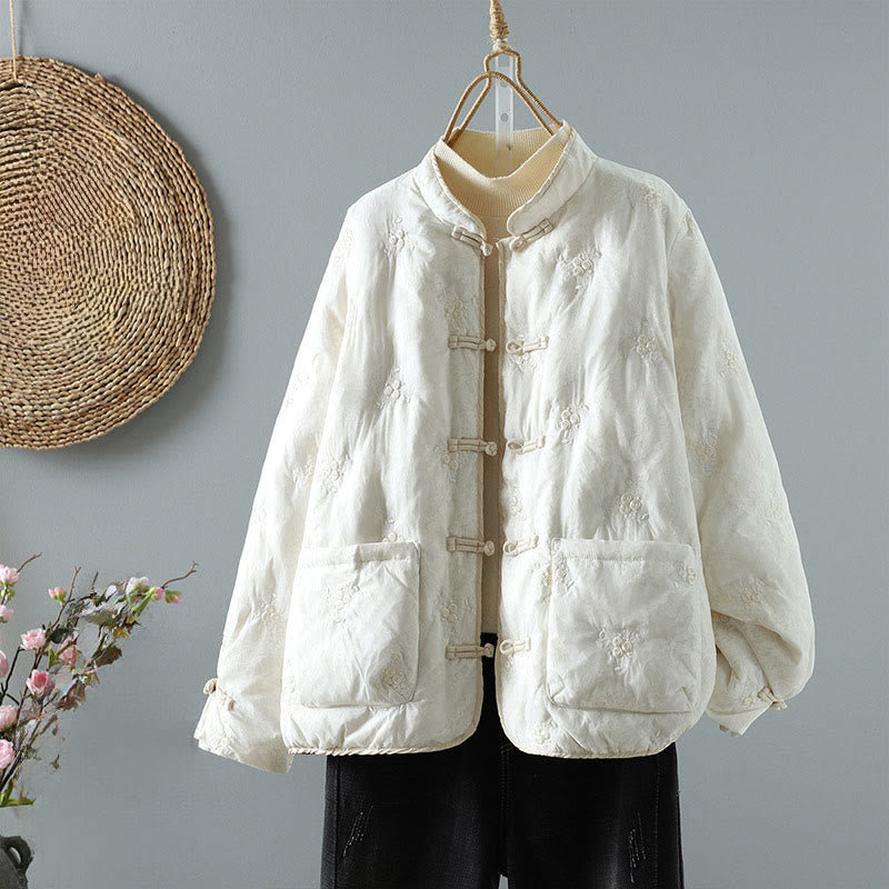 Veste épaisse à manches longues pour femme, ornée de Buddha Stones , col montant à boutons brandebourg et poches. - Ivoire - US8-10，UK/AU12-14，EU40-42 (2XL) - image 0