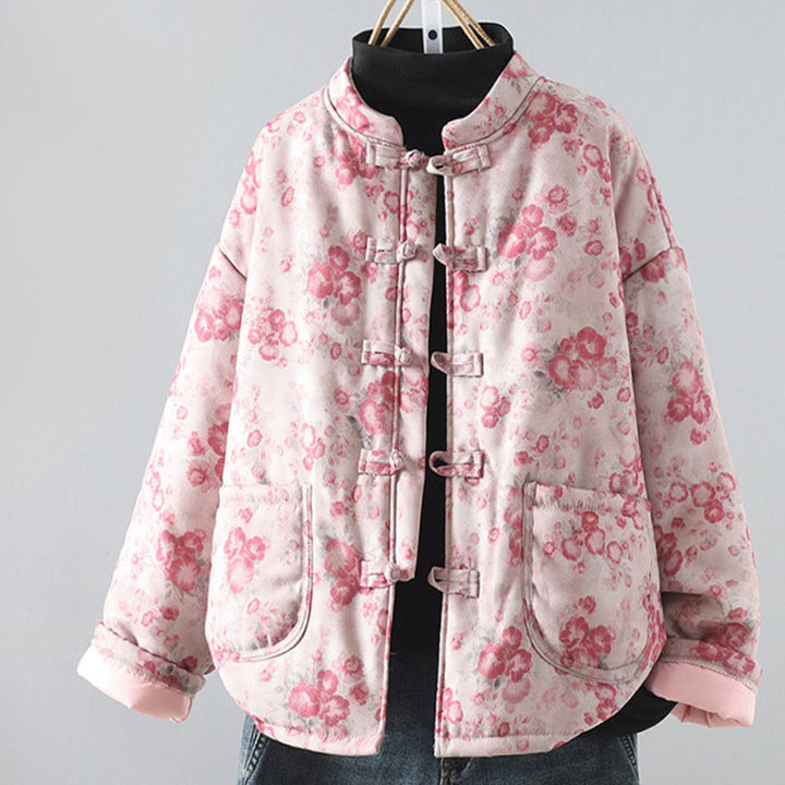 Veste à manches longues en coton à imprimé floral rose clair Buddha Stones pour femme, avec boutons brandebourg. - Rose clair - US12，UK/AU16，EU44 (2XL) - image 0