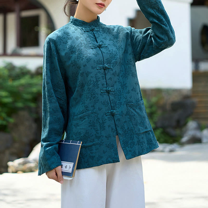 Chemise et pantalon pour femme en jacquard de coton à manches longues et poches, ornés de boutons grenouille et de Buddha Stones - Chemise bleue - US8-10，UK/AU12-14，EU40-42 (2XL) - image 0