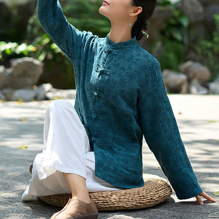Chemise et pantalon pour femme en jacquard de coton à manches longues et poches, ornés de boutons grenouille et de Buddha Stones - image 3