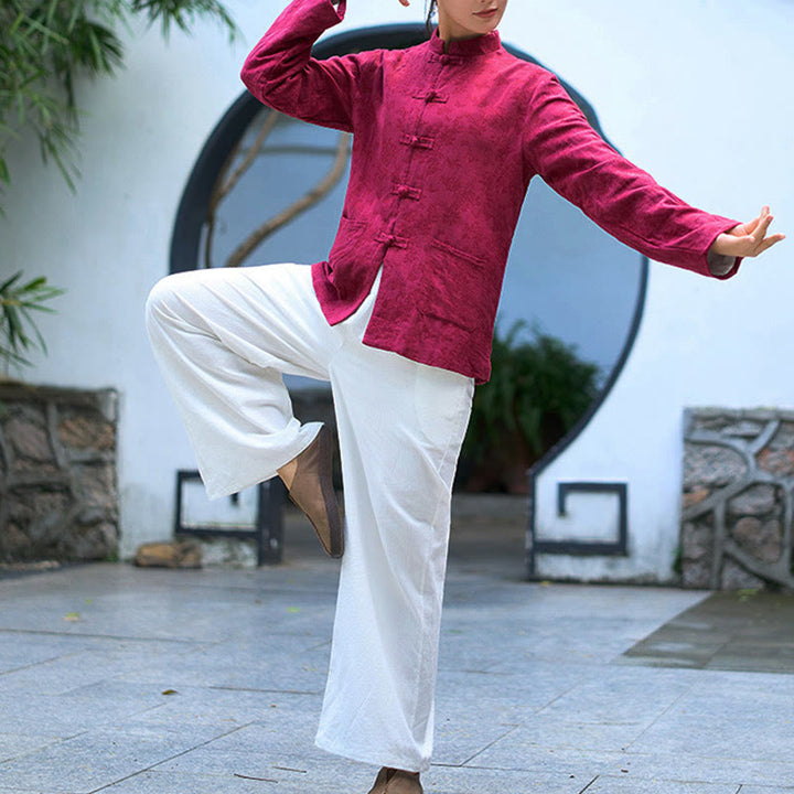 Chemise et pantalon pour femme en jacquard de coton à manches longues et poches, ornés de boutons grenouille et de Buddha Stones - image 21